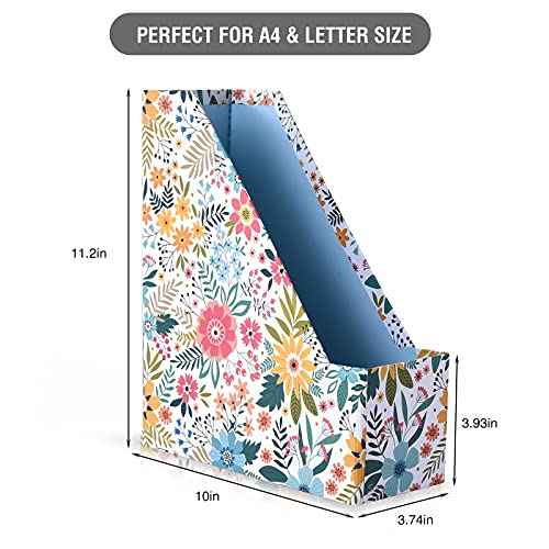 SUIN 4 Pack Foldable Magazine Holder, Seamless Floral Designered File-Boxes Desk File Organizer for Office/Home/School, Bright Flower
