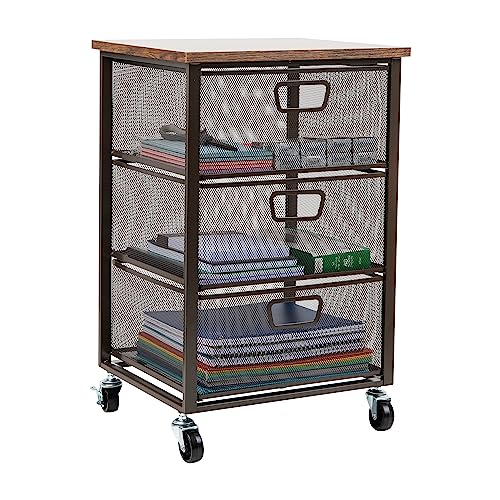 Mind Reader 3-Drawer Wood-Top Rolling Office Organizer Cabinet with Mesh Drawers – Black