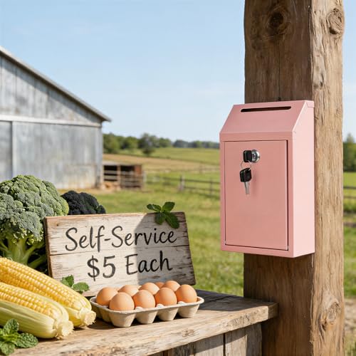 Sumerfnt Pink Locking Cash Box with Slot, Wall Mount, 4 Keys – Outdoor/Indoor Donation Box