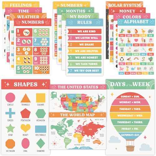 Fun Educational Posters for Toddlers 1?3 ? Set of 16 Easy to Read Learning Posters for Classroom & Homeschool Decor ? Essential Preschool/Kindergarten Kids Room Wall Charts incl. ABC & Number Chart
