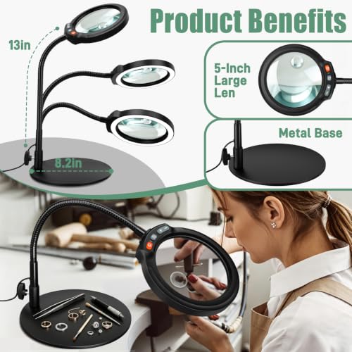 Haotor Black 30X 10X Large Magnifying Glass with Light & Stand, 5-Inch HD Lens, Dimmable LED Desk Lamp