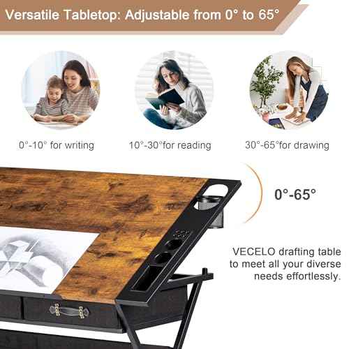 VECELO Drafting Table Art Desk Art Table Adjustable Drawing Table Tilted Tabletop with 2 Storage Drawers and Stool, Drawing Desk for Artist Painters Drawing, Crafting, Reading, Writing, Rustic Brown