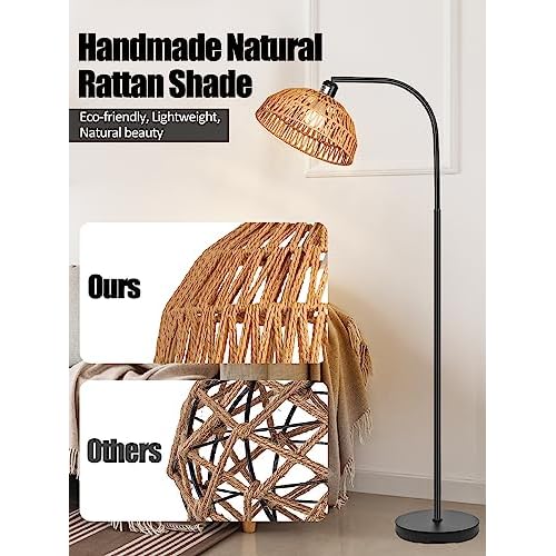 Rattan Floor Lamp- Boho Standing Lamp with Remote Control and Dimmable Bulb, Hand-Worked Adjustable Rattan Shades, Black Farmhouse Tall Lamp, Boho Arc Floor Lamps for Living Room, Bedroom, Office