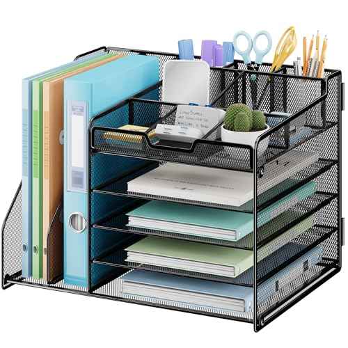 Lavatino Desk Organizer, 5-Tier Metal Mesh Paper Letter Tray with 2 File Holders & 7 Flexible Dividers for Office or Home Desk Organizers and Accessories, Keep Workspace Supplies Neat, Black