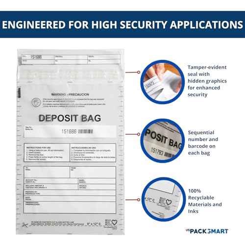 Clear Plastic Deposit Bags 9"x12" | Secure Bank Deposits, Cash Handling or Safe Currency Transportation | Sequential Barcodes | Tamper-Evident | Tear-Off Receipt for Security | 100-Pack