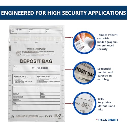 US PACK SMART 9x12 Clear Plastic Deposit Bags - Tamper-Evident, Self-Sealing, 100-Pack