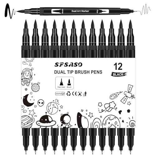 Black Drawing Pens, 12 Pack Dual Tip Brush Pens - Fine Liner & Brush Markers for Sketching, Calligraphy, Journaling - Water-Based, Quick-Drying Ink - Ideal for Artists, Adults & Kids