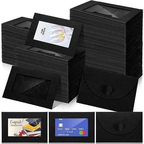 Uiifan 300 Pcs Window Gift Card Envelopes 4 x 2.8 Inch Gift Card Sleeves Mini Envelopes with Heart Shaped Clasp for Business Party Greeting Invitation(Black)