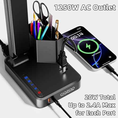 Desk Lamp,Desk Lamps for Home Office,COZOO LED Desk Lamp with 2 USB Charging Ports,2 Pen Holders,1 Outlet,3 Color 3 Brightness Levels,Touch/Memory/Timer,LED Desk Light Small Desk Lamp Kids Study Lamp