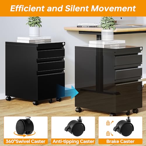 STANI 25" H 3-Drawer Mobile File Cabinet with Lock, Black, Under-Desk Locking Office Cabinet