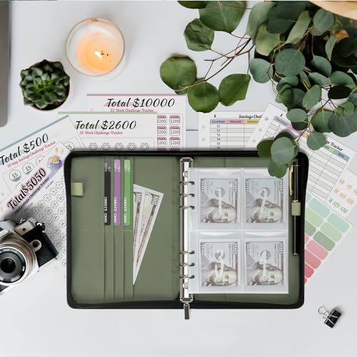 Green Leather Money Saving Challenge Binder with Envelopes - 52 Weeks Budget Planner