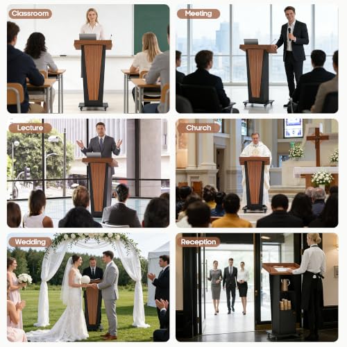 Baoz 15° Tilted Podium Stand with Cabinet & Lockable Wheels (Black-Brown) - Portable Lecture Presentations