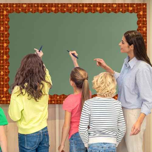 BeYumi Fall Plaid Border Trim - 65ft Fall Maple Leaves Plaid Scalloped Rolled Border Trim Autumn Thanksgiving Brown Bulletin Board Set Harvest Party Decor Classroom Office Chalkboard Door Decoration