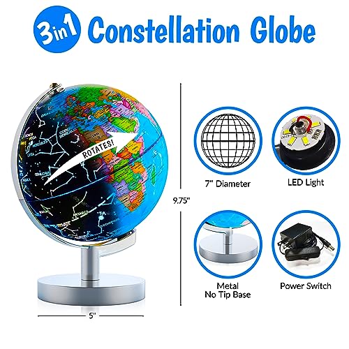 USA Toyz Illuminated Globe for Kids Learning- 3-in-1 STEM Globes of the World with Stand, Constellation Map, Built-in LED Night Light Desk Globe Lamp, Non-Tip Metal Base, 9.75¡± Tall, 7 Inch Diameter