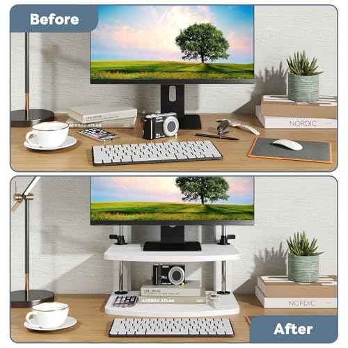 Computer Monitor Stand Riser for Reduced Neck Strain, Adjustable Height Desk Shelf Organizer Monitor Riser Stand for PC Monitor - Not for Laptop - Withe - Wood Grain, MR01-M