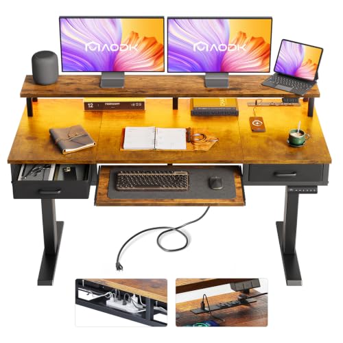 AODK 55 Inch Rustic Brown Standing Desk with Drawers & Keyboard Tray - Adjustable Height