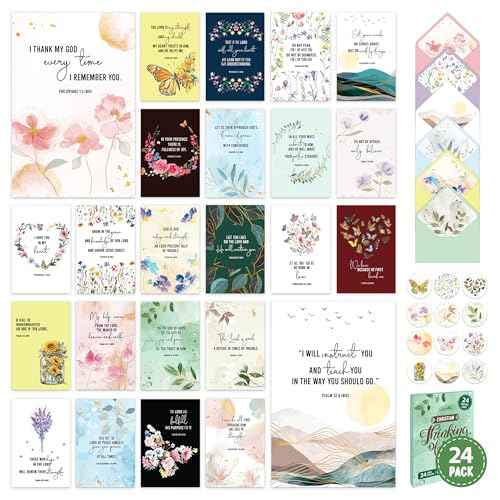 Decorably 24 Pack Gold Foil 4x6in Assorted Christian Thinking of You Cards Religious with Envelopes & Stickers, 24 Floral Designs Religious Thinking of You Cards with Envelopes, Printed Message Inside