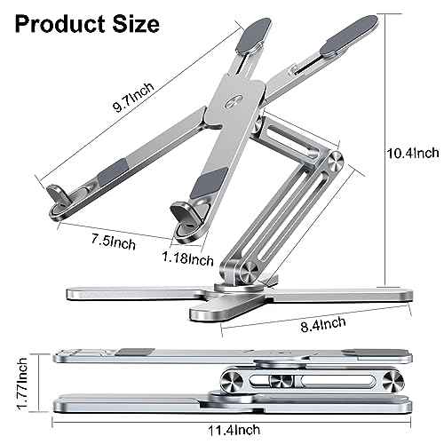 LIENS Adjustable Laptop Stand with 360 Rotating Base, Aluminum Laptop Riser for Desk Foldable, Ergonomic Notebook Stand Holder Compatible with iPad and MacBook/All Laptops up to 16 inches - Silver