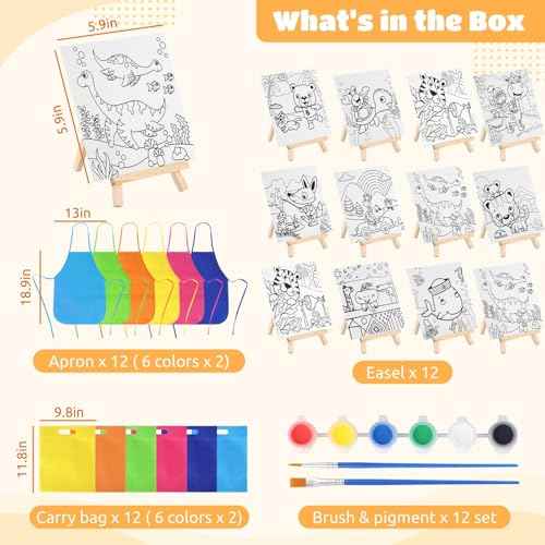 48 PCS Paint Set, 12 Easels, 12 Painting Sets, 12 Bags, 12 Small Aprons, Paint Party Favors Sets with Pre-Drawn Canvas and Wooden Easel Set, Paint Pots and Brushes for Daily Painting