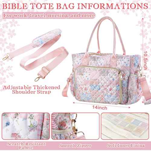Large Bible Bag Quilted Bible Cover Case Kit for Women Church Bag with Shoulder Strap Study Supplies Carrying Case 6 Highlighters 5 Pens Tabs Journaling Kit Christian Gifts(Spliced Flower)