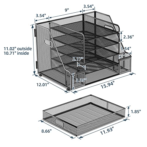 SUPEASY Mesh Desk Organizer with File Holder, 5-Tier Paper Letter Tray Organizer with Magazine Holder, Desktop Organizer and Storage with Drawer for Office Supplies Home or School, Black