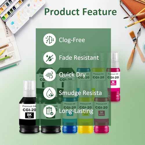 Compatible GI-20 GI20 Ink Refill Bottles Replacements for Canon GI20 Ink Refill Bottle Compatible for Canon G6020 G7020 G5020 Printers (10-Pack, 4BK/2C/2M/2Y) G6020 Printer Ink