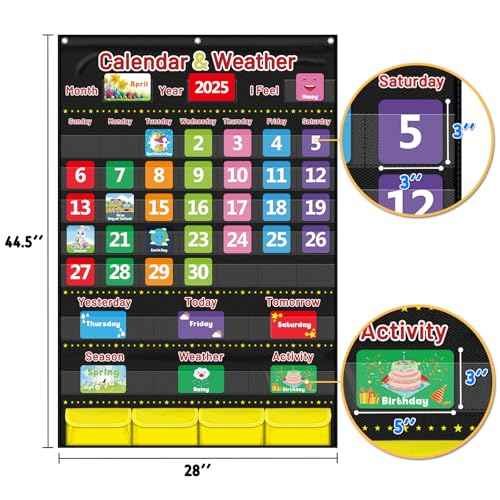 Calendar and Weather Pocket Chart for Kids Learning, Large 44.5¡±x28¡± Homeschooling Calendar Pocket Chart with 113 Cards, Teacher and Back to School Supplies