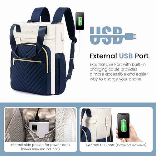 LOVEVOOK Laptop Backpack for Women, 17.3 inch Work Business Backpack with Laptop Compartment, Wide Top Open Teacher Nurse Bag with USB Port, Waterproof Computer Backpack Purse for travel,Blue-White