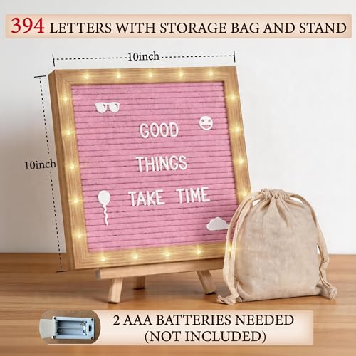 Pink Felt Letter Board with LED Lights & Wooden Stand 10x10 Inch