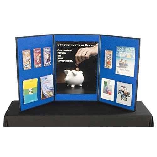 Tri Fold 3-Panel Display Board, 72 x 36, with Blue Hook & Loop-Receptive Fabric and Write-on Whiteboard