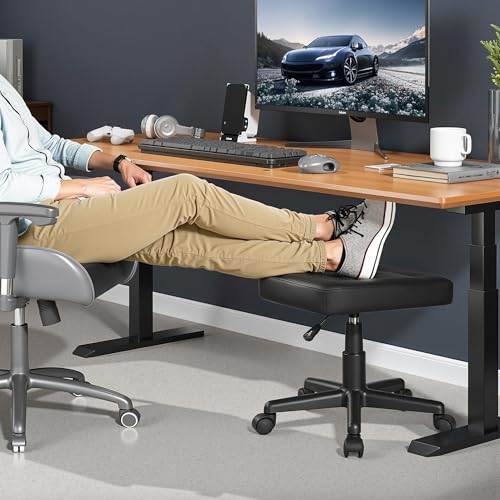 VECELO Under Desk Footrest with Wheels - PU Ergonomic Foot Rest, Height Adjustable, Black