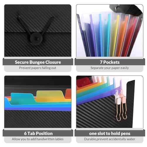 SKYDUE Accordion File Organizer, Expanding File Folder with 7 Pockets, Portable Receipt Paper Bill Document Organizer, Letter/A4 Size Filing Folder School Office Supplies, Black