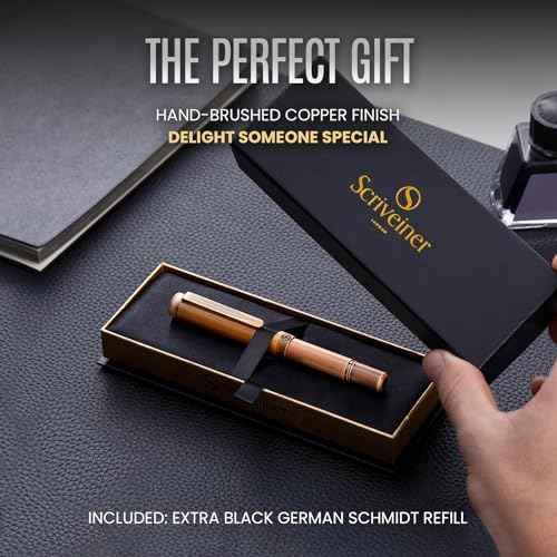 Scriveiner EDC Luxury Rollerball Pen, Stunning Heavy Pocket Pen, Hand Brushed Copper Finish, Cool Writing Pen, Best Pen Gift for Men, Women, German Schmidt Refill, Nice Fancy Office Designer Pen Set