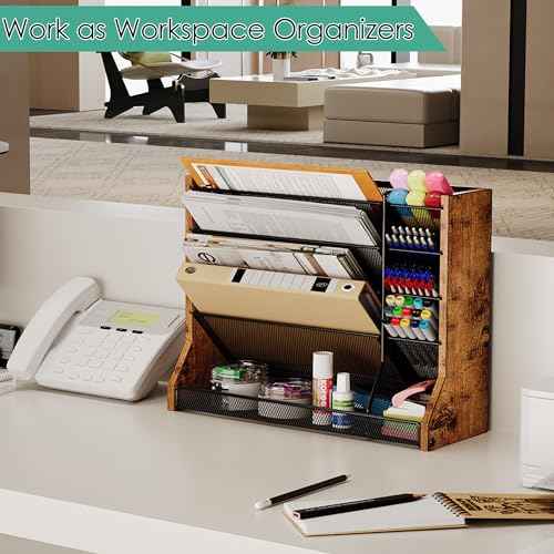 Wall Desk File Organizer 5 Tiers, Ironwood Hanging File Organizer with R-shaped Tray, Wall File Holder for Office Home, 4 Pull-Out Divider and Pen Slots to Sort File,Mail,Newspaper,Pen, Brown