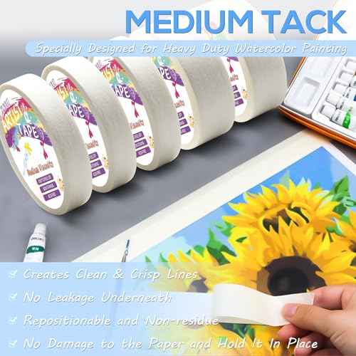 1 Packs Artist Tape Medium Tack White Art Tape for Watercolor Paper Drafting Art Painting Canvas Framing Acid Free Masking Tape- 0.25IN Wide 99FT Long Total