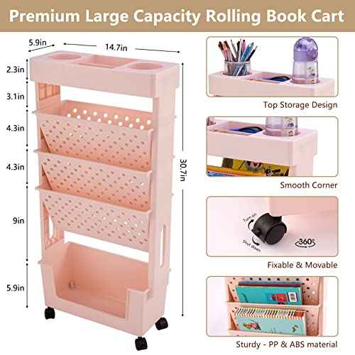 CINPIUK Pink Rolling Office Paper Organizer, Mobile Book Cart Document Folder File Storage with Pen Holder, Slim Rolling Storage Cart Movable Bookshelf for Office, Dorm, Classroom, Nursery