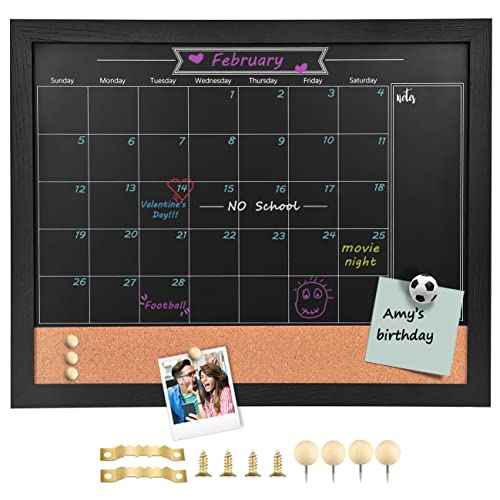TORASO Magnetic Chalkboard Calendar Corkboard, Small Combination Chalk Board Bulletin Board, 13" x 17",Black Wood Framed Blackboard Calendar Cork Combo Board(ZHHB-BK-3343)