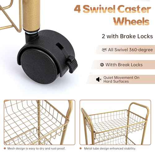 3 Tier Mesh Rolling Utility Cart, Gold Metal Organization Cart with Lockable Wheels, Multifunctional Storage Trolley Service Cart for Kitchen Living Room Office Salon