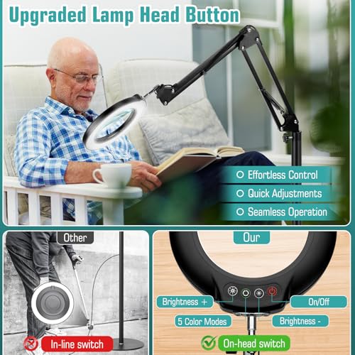 10X Magnifying Glass with Light and Stand, 3-in-1 Adjustable Swivel Arm LED Magnifying Floor Lamp, 5 Color Modes Brightness Stepless Dimming Lighted Magnifier Hands Free with Clamp for Craft, Reading