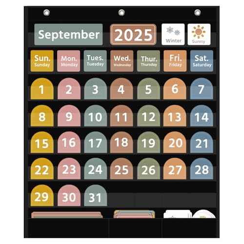 REGELETO Large Boho Calendar Pocket Chart with 96 Cards for Classroom, Size:32.25 x 24.125 inch Black Monthly Calendar and Weather Pocket Chart for Kids Learning for Home or Kindergarten.