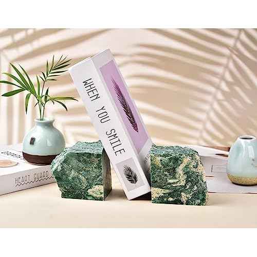AMOYSTONE Green Mica Stone Non-Slip Bookends for Small/Kids Books | Rubber Bumpers & 2-3LBS Weight | Home Office Desk Organizer