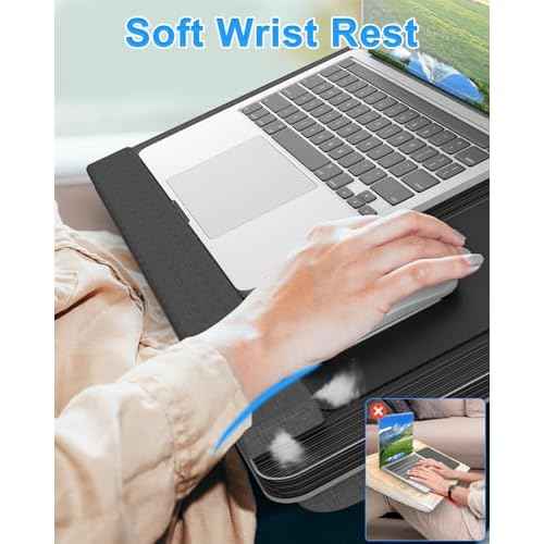 Laptop Lap Desk, Portable Large Laptop Desk for Bed, Up to 17 Inch Lap Pad Tray with Wrist Rest, Mouse Pad, Tablet Phone Slot, Portable Handle, Cushion (Black)