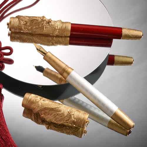 Hongdian A24 Fountain Pen Fine Nib, Bright Red & Golden Dragon Stereoscopic Carving Cap Design