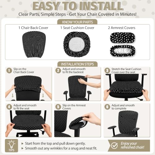 Polka Dot Chair Slipcovers Set – 4-Piece Stretch Office Chair Covers for Desk Chairs