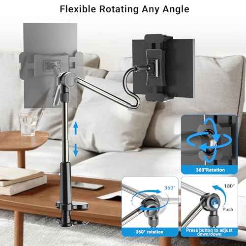 Foldable Desk Tablet Mount for iPad Portable Monitor 4.7-15.6'', Long Gooseneck Tablet Arm Holder, Table Tripod with Clamp Compatible with Surface Pro, All iPad Pro 12.9