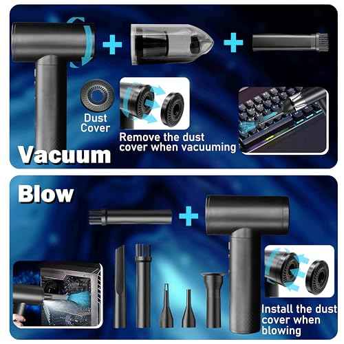 2-in-1 Air Duster and Car Vacuum, Portable Cordless Mini Vacuum Cleaner for Keyboard, PC, House & Car Cleaning, 7500mAh Fast Charging, 9 Attachments, LED Light - Black