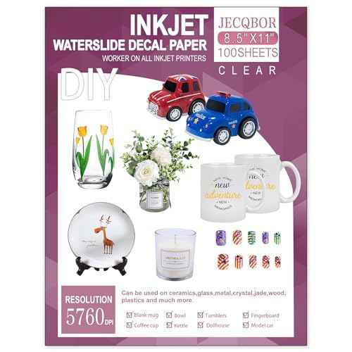 100 Sheets Waterslide Decal Paper INKJET CLEAR,8.5X11 Inch Water Slide Transfer Paper Transparent Printable for Tumblers,Ceramics,Plastics,Glasses,DIY