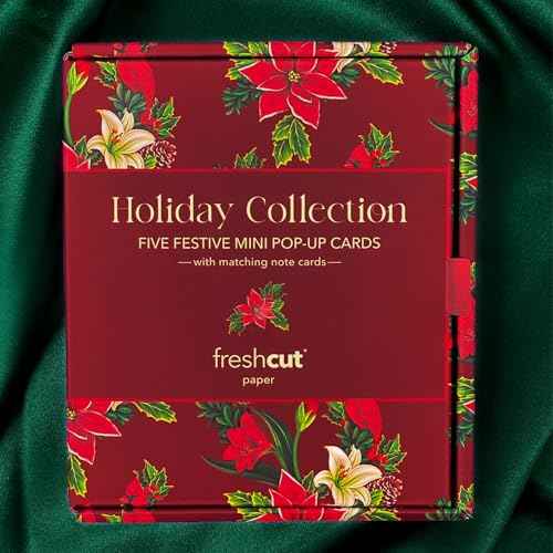 Freshcut Paper Pop Up Cards, Holiday Collection, 6 inch Mini Sized Paper Flower Bouquet 3D Popup Greeting Cards, Christmas Card, Holiday Card, Blank Notecards & Envelopes, Pack of 5