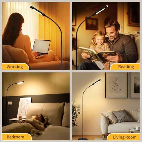 Floor Lamp with Remote, 67" Gooseneck Dimmable Standing Lamp, 3 Color Temperatures & 5 Brightness Levels, Modern Reading LED Light for Bedroom, Living Room, Office - Black