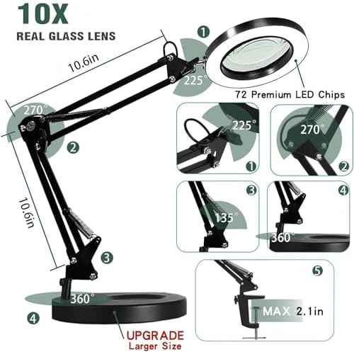 Magnifying Glass with Light and Stand, 10X Magnifying Lamp, 2-in-1 Magnifying Desk Lamp with Clamp, 3 Color Mode, Magnifying Glasses with Light for Close Work (Base £¦ Clamp)